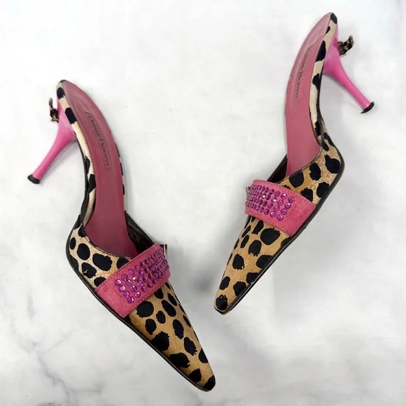Cesare Paciotti Vintage Y2K Leopard Embellished Pointe Toe Kitten Heel Mules 36 - Picture 5 of 14